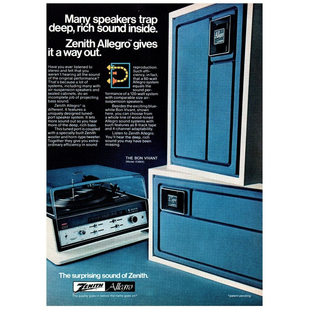 1974 Zenith Allegro Stereo System Speakers Vintage Print Ad Blue Audiophile Art